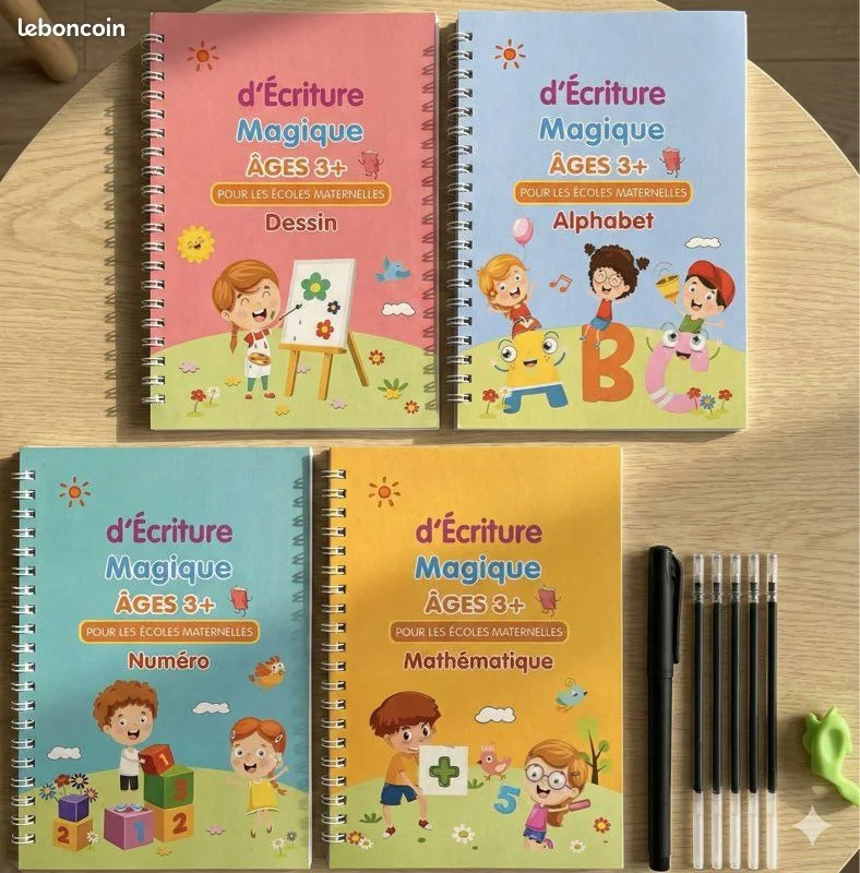 Alphabook™ ORIGINAL - 4 Cahiers d’écriture réutilisables – apprentissage de l’écriture pour l’enfant avec Magic Pen